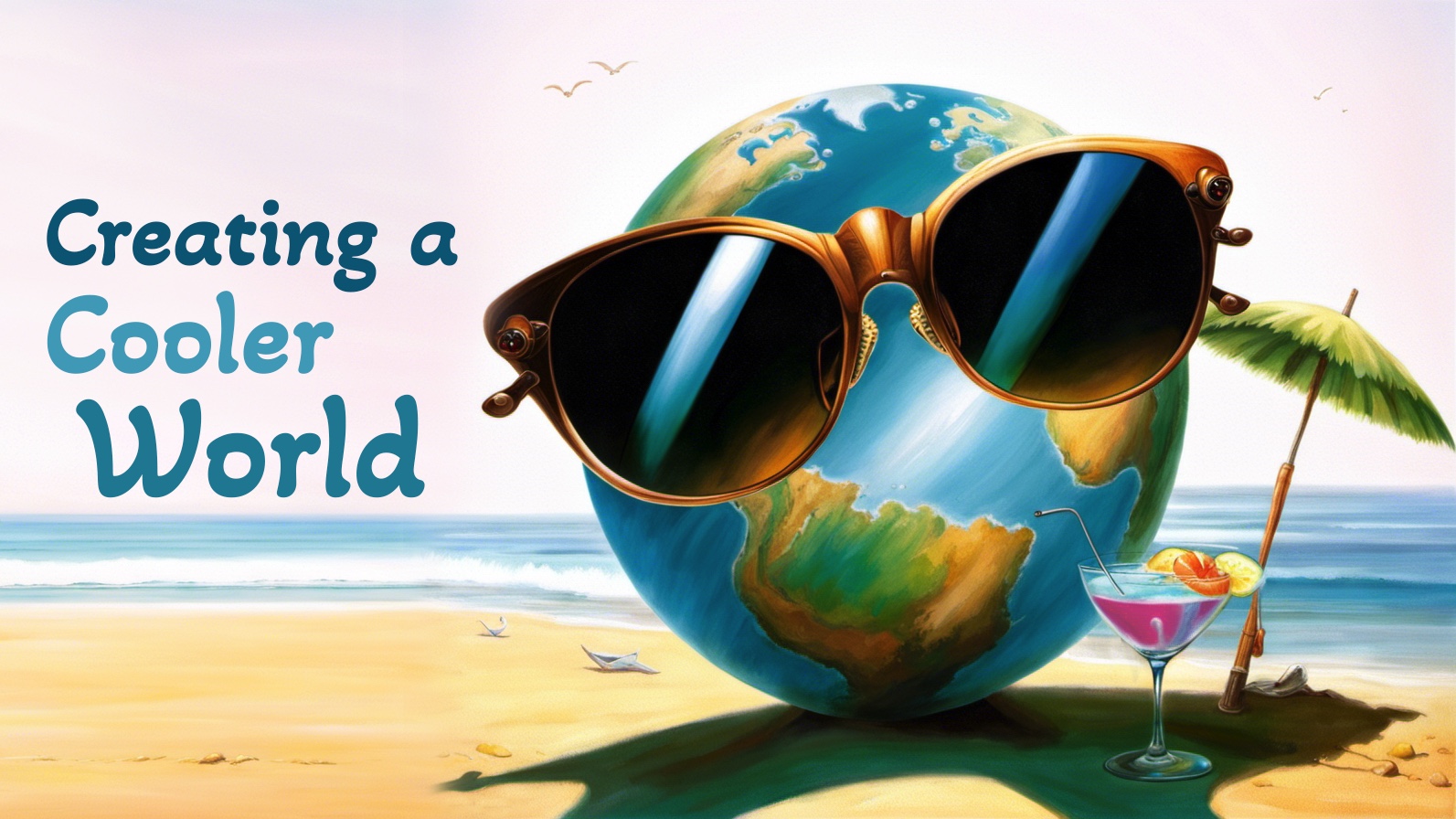 Creating a Cooler World logo: the Earth on the beach wearing sunglasses with text that reads, "Creating a Cooler World."